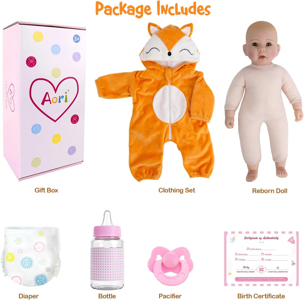 Aori Baby Dolls - 17 Inch Real Life Doll with Ultra Soft Body & Fox Outfits for Girls 3+ | Pretend Play, Adoption Day, Photography Prop, Collectible