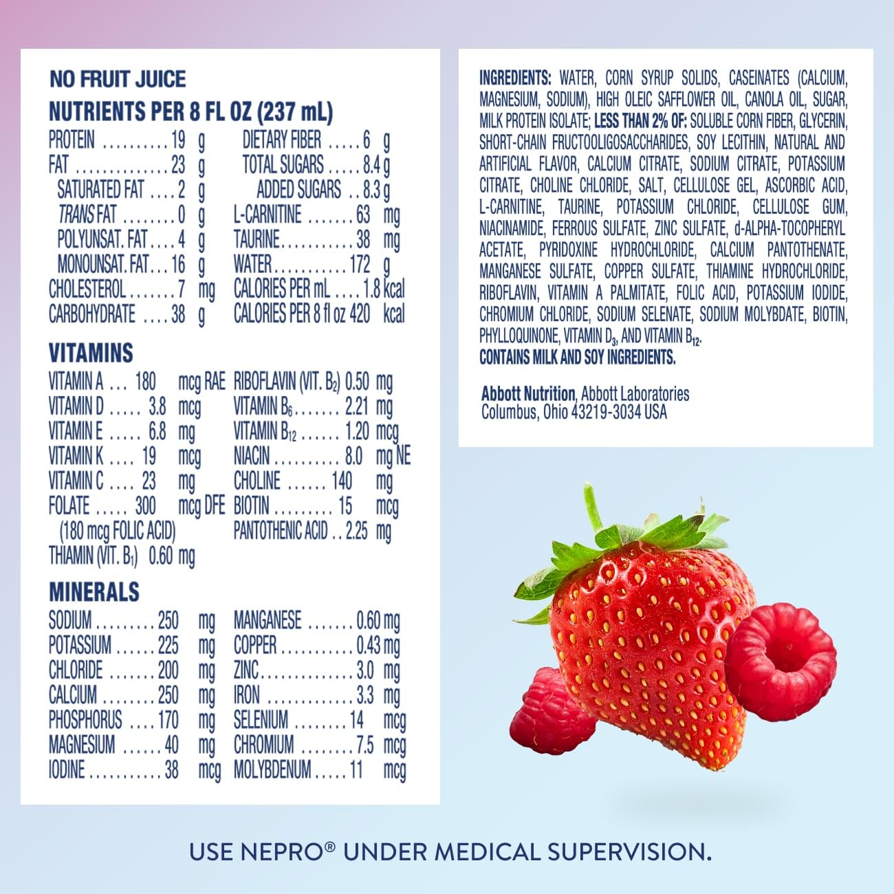 Nepro Nutrition Shake for People on Dialysis,19g Protein,420 Calories,Mixed Berry,8 fl oz,(Pack of 48)