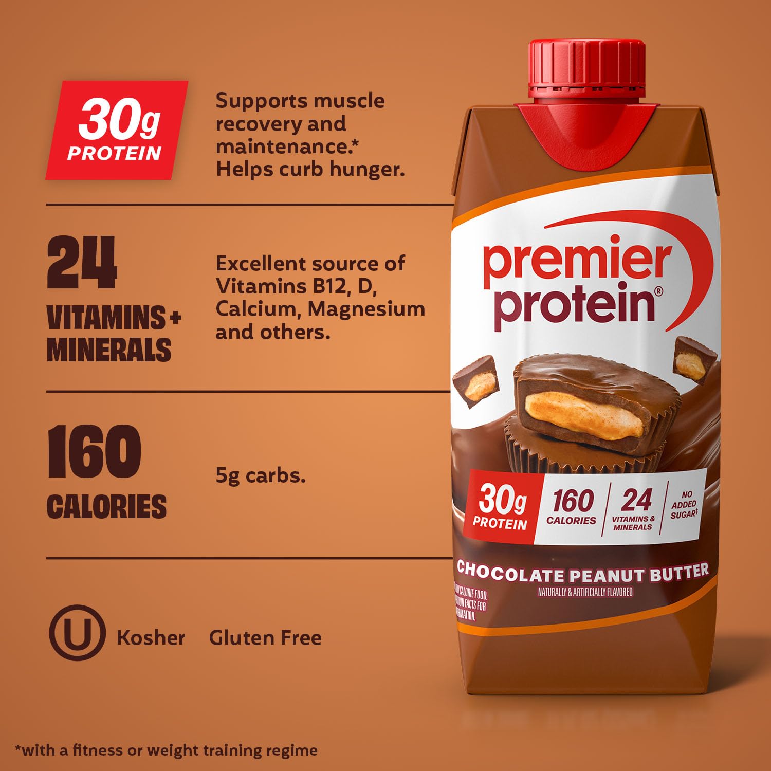 Premier Protein Shake, Liquid, Chocolate Peanut Butter, 30g Protein, Bottle, Gluten Free, 11 fl oz, 12 Pack