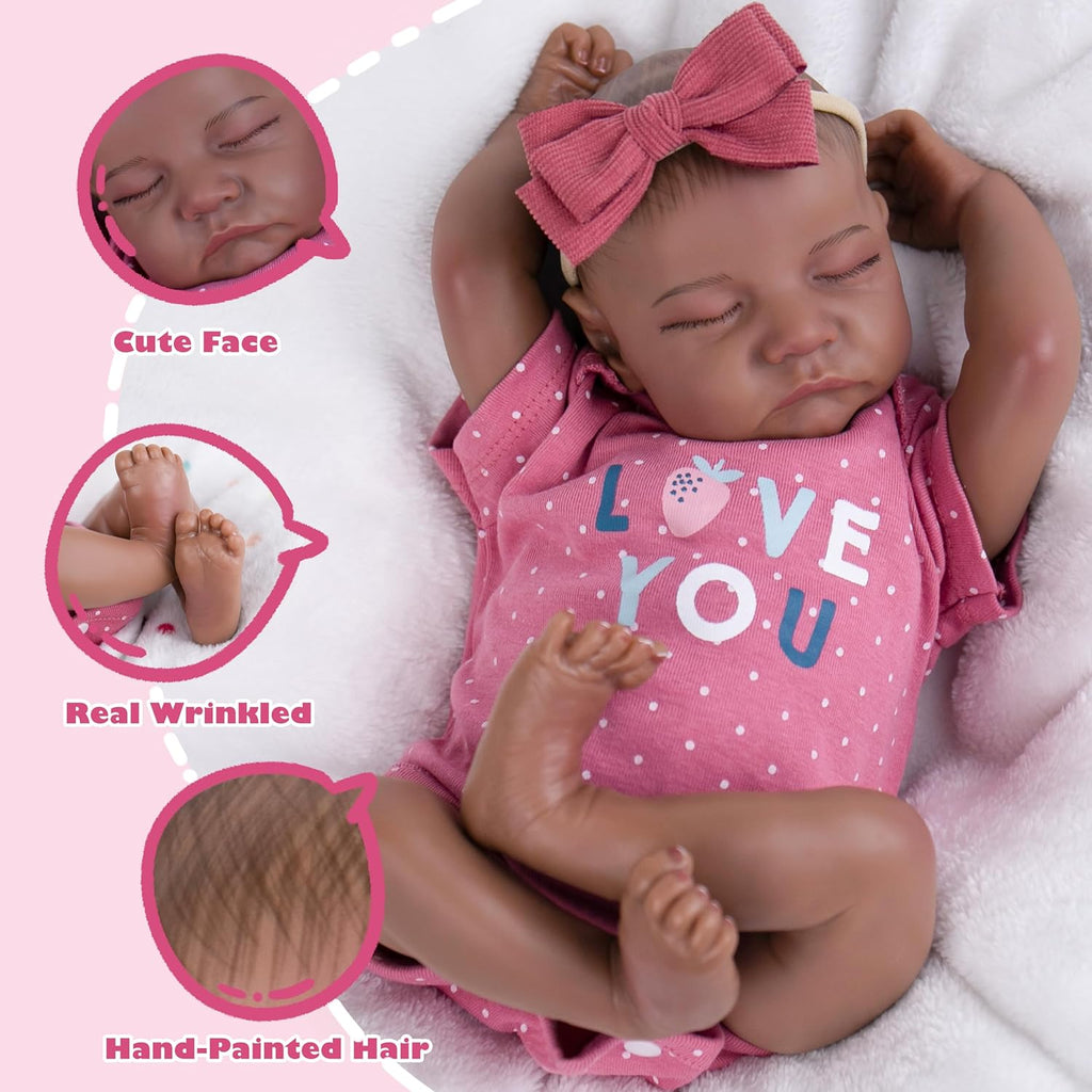 Milidool Reborn Baby Dolls Black Girl - 18-inch Realistic Baby Dolls, Lifelike Soft Vinyl Black American Doll, Nice Gift for Kids, Pre-Parents, Grand-Parents, Doll Collectors