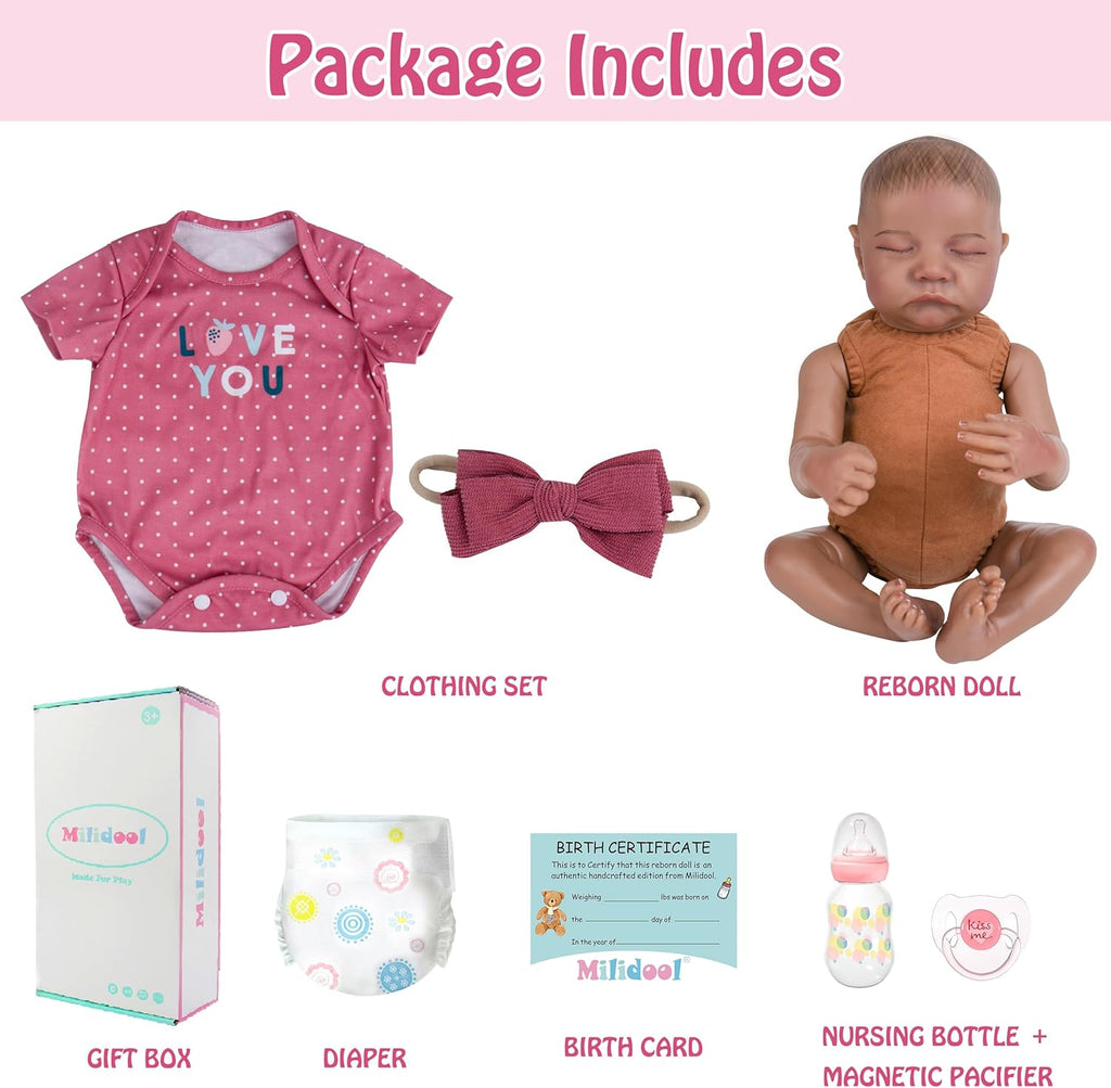 Milidool Reborn Baby Dolls Black Girl - 18-inch Realistic Baby Dolls, Lifelike Soft Vinyl Black American Doll, Nice Gift for Kids, Pre-Parents, Grand-Parents, Doll Collectors