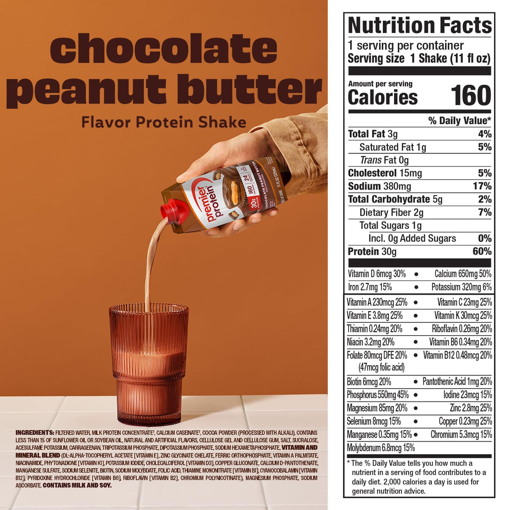 Premier Protein Shake, Liquid, Chocolate Peanut Butter, 30g Protein, Bottle, Gluten Free, 11 fl oz, 12 Pack