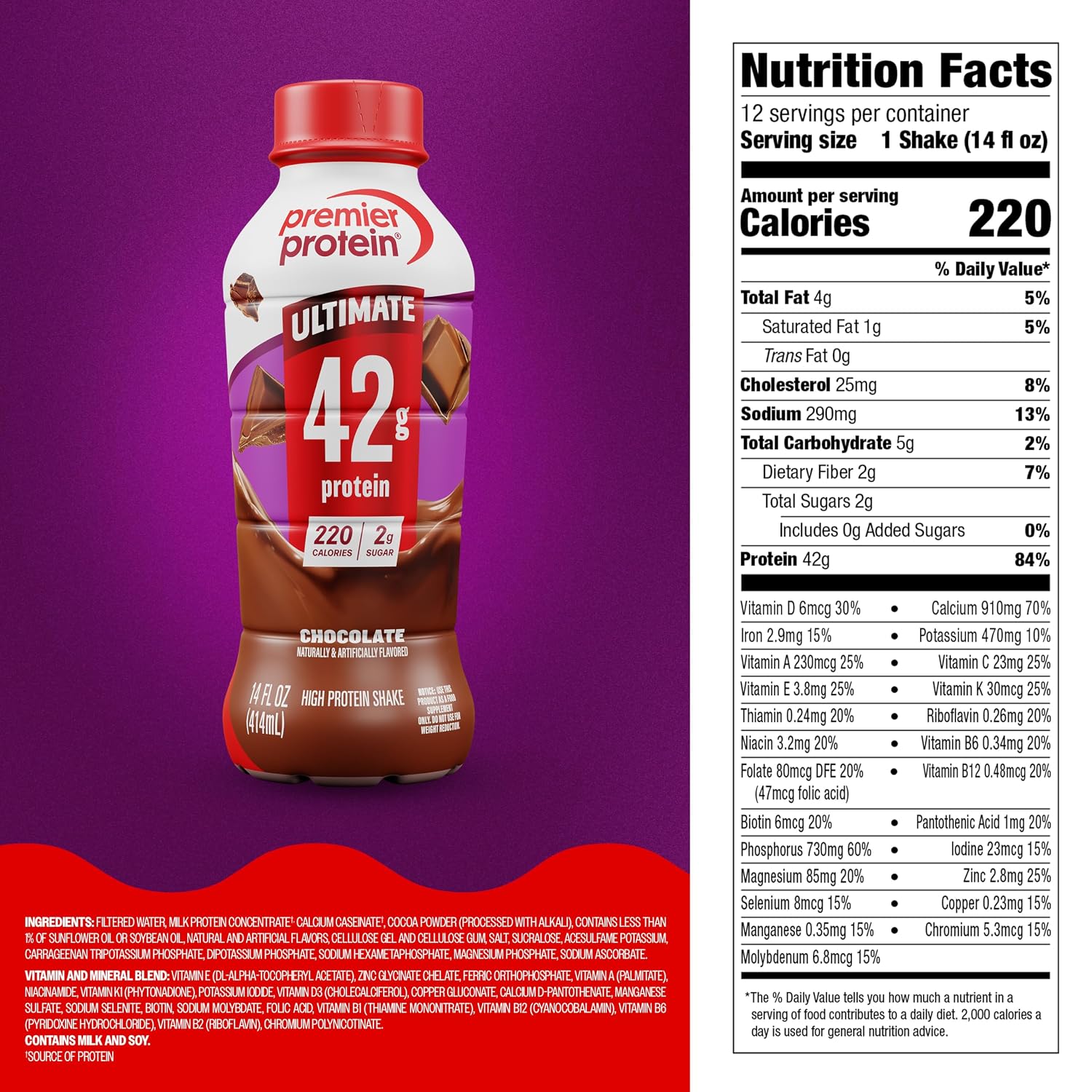 Premier Protein ULTIMATE 42g High Protein Shake, Chocolate, 12 Pack